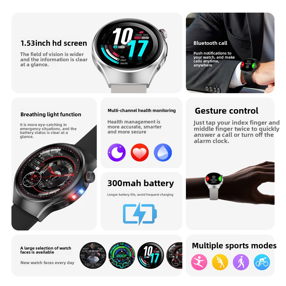 Watch5Smart Watch1.52inch Bluetooth Call Heart Rate Pedometer Sleep Monitor Waterproof Shockproof Dustproof Sports Flashlight
