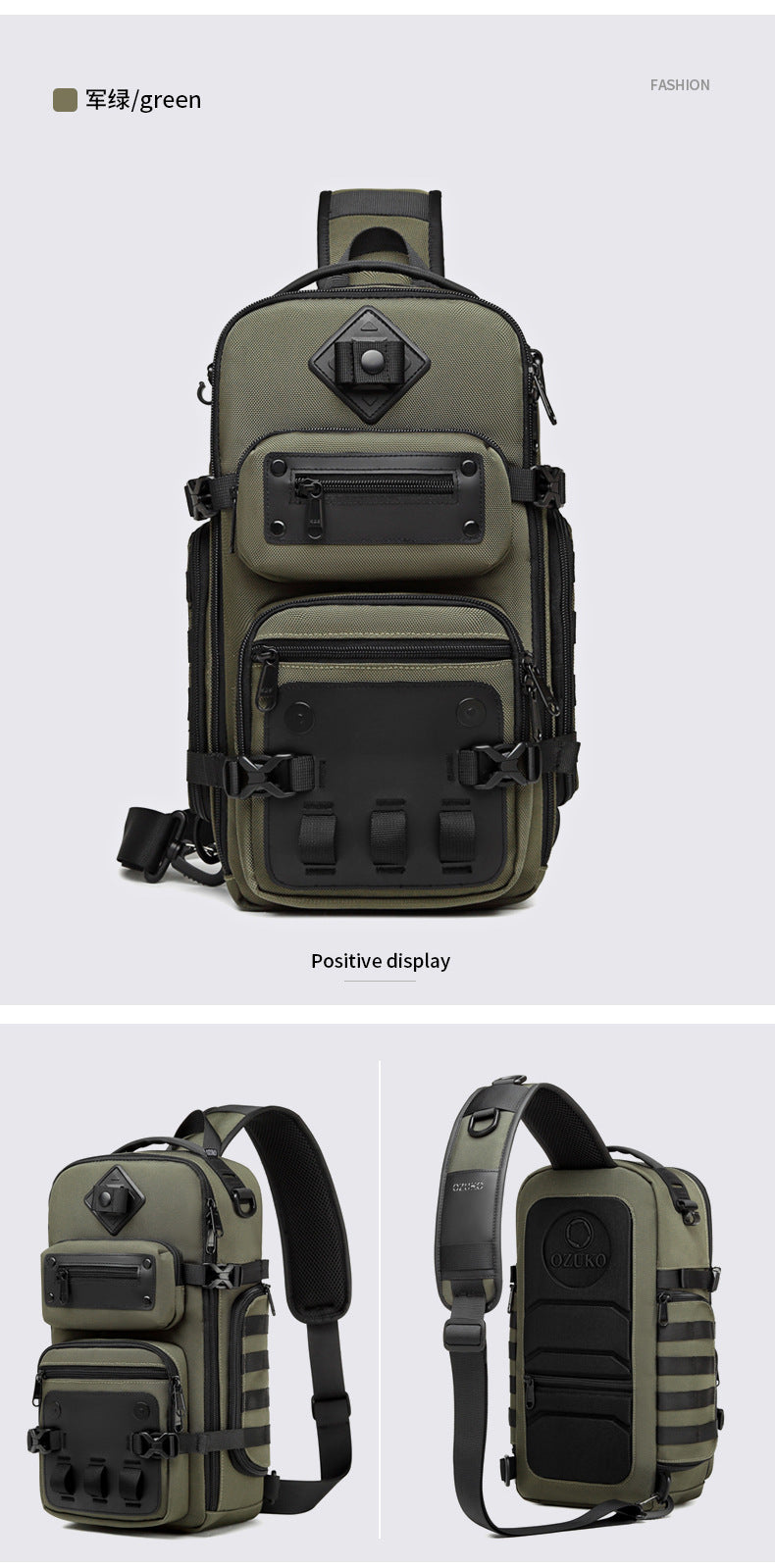 OZUKO Tactical Chest Bag Men's Crossbody Bag Shoulder Bag Men's Outdoor Sports Waterproof High-Quality Men's Bag