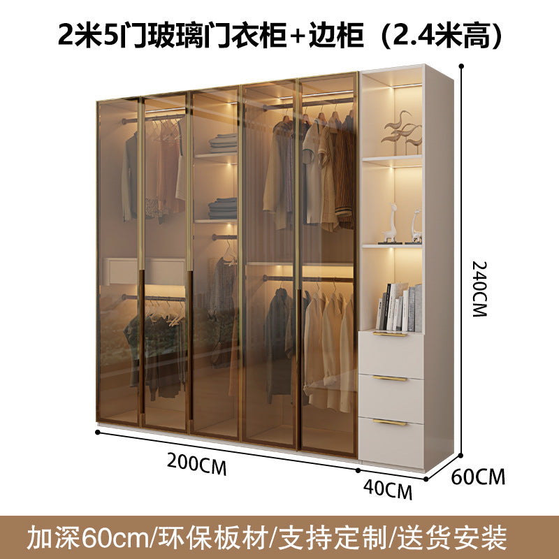 Glass Door Wardrobe with Lights, Solid Wood, Home Bedroom, Modern Simple European Pine Board, Cream Color, Skin Feel Storage, Large Wardrobe