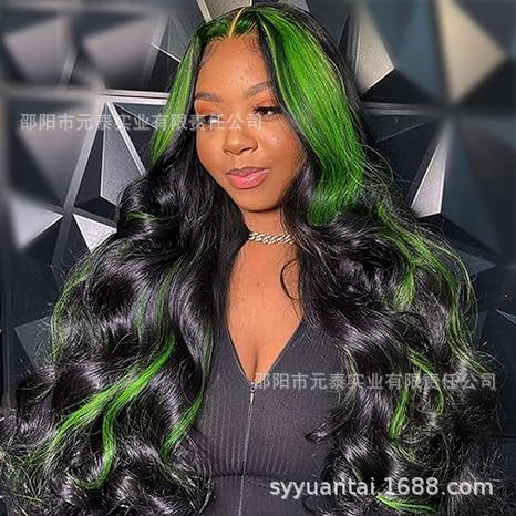 Highlight Green Body Wave Wig Skunk Stripe Lace Front Wig