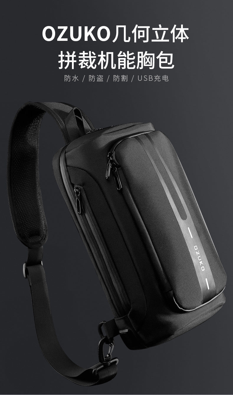 OZUKO Men's Functional Chest Bag Waterproof Crossbody Bag Multifunctional Shoulder Bag Outdoor Sports Large Capacity Trendy Bag