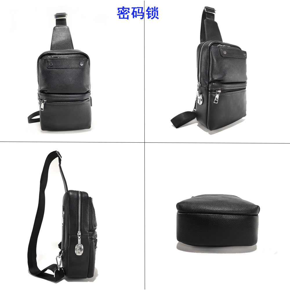 Fingerprint Unlock Men's Bag Genuine Leather Single Shoulder Crossbody Bag Top Layer Cowhide Casual Large Capacity High-end Chest Bag Anti-theft Bag