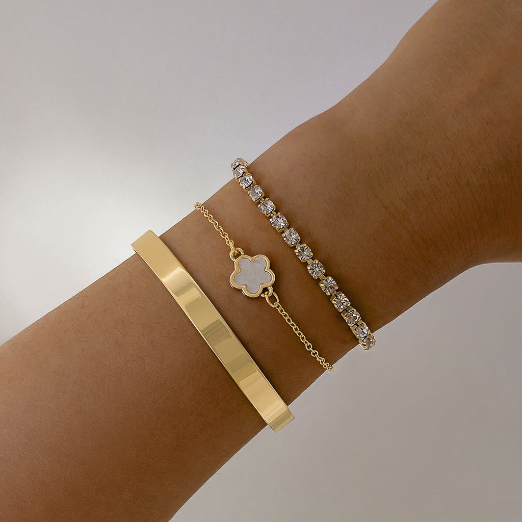 European and American Fashion Alloy Inlaid Diamond Five-Leaf Clover Bracelet Jewelry Three-Piece Set Simple Geometric Smooth Bracelet Wholesale