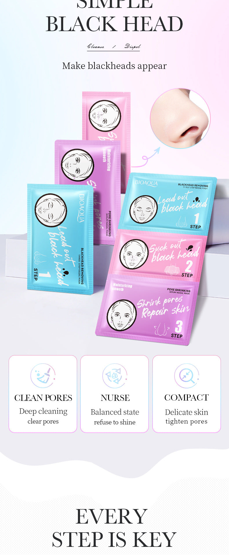 Three-Step Blackhead Removal Nose Strips BIOAOUA Clean Pores T District Nursing Set Cross-Border Wholesale