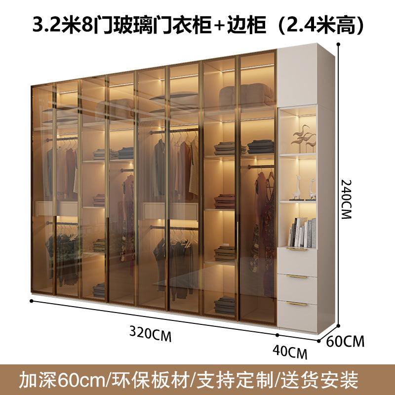 Glass Door Wardrobe with Lights, Solid Wood, Home Bedroom, Modern Simple European Pine Board, Cream Color, Skin Feel Storage, Large Wardrobe