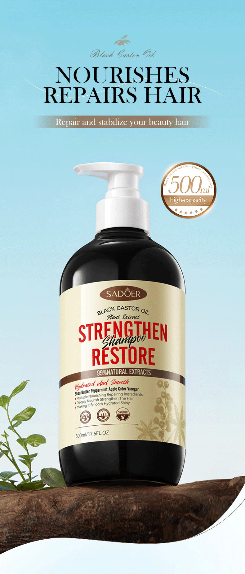Black Castor Oil Shampoo SADOER Care Nourishing Smooth Anti-Dandruff Shampoo Cross-Border Wholesale