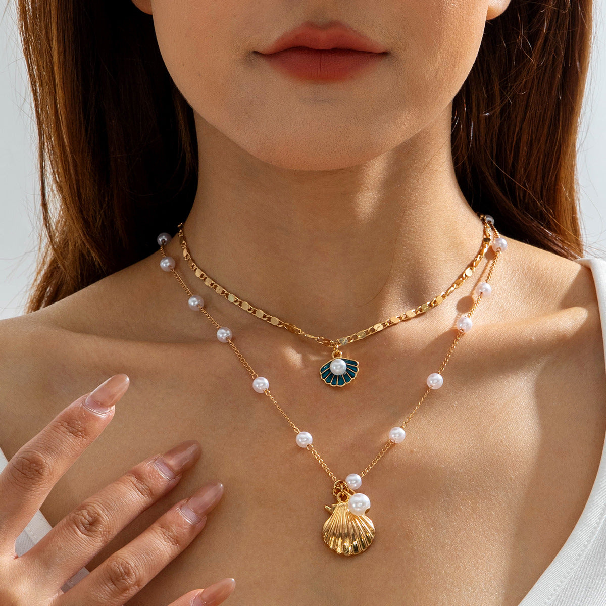 Jewelry Beaded Necklace Beach Imitation Pearl Necklace Starfish Shell Retro Vacation Small Multi-layer Necklace for Women