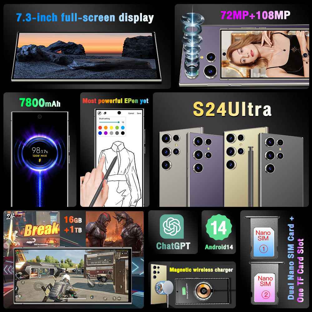 S24Ultra Mobile Phone7.3incell Notch Screen16+1T Source Factory Hot-Selling Smart