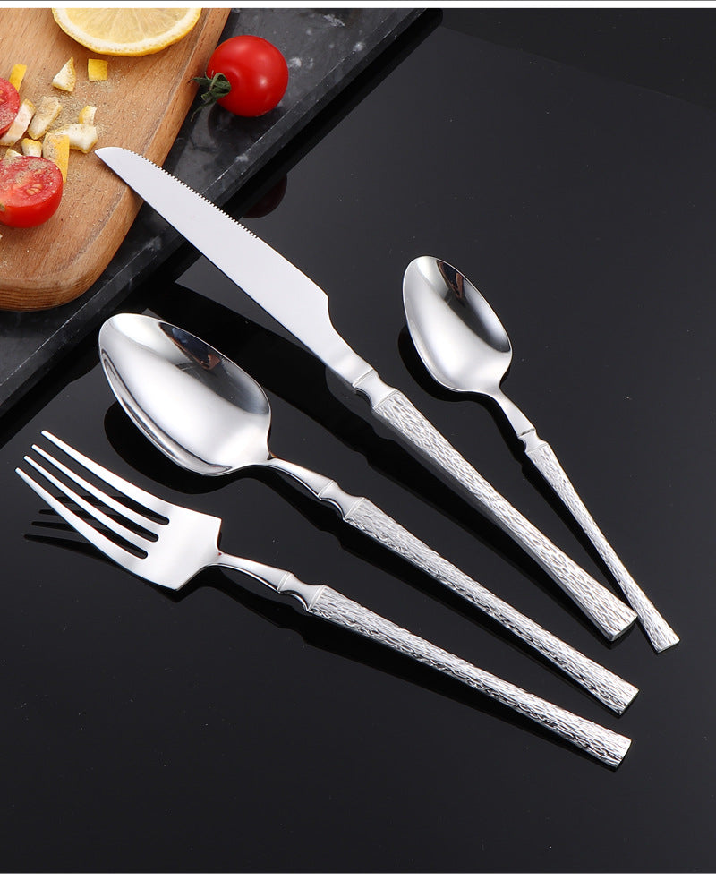 410Stainless Steel Cutlery Hotel Restaurant Hammered Knife Fork Spoon Set Western Small Waist Bark Pattern Steak Knife Fork