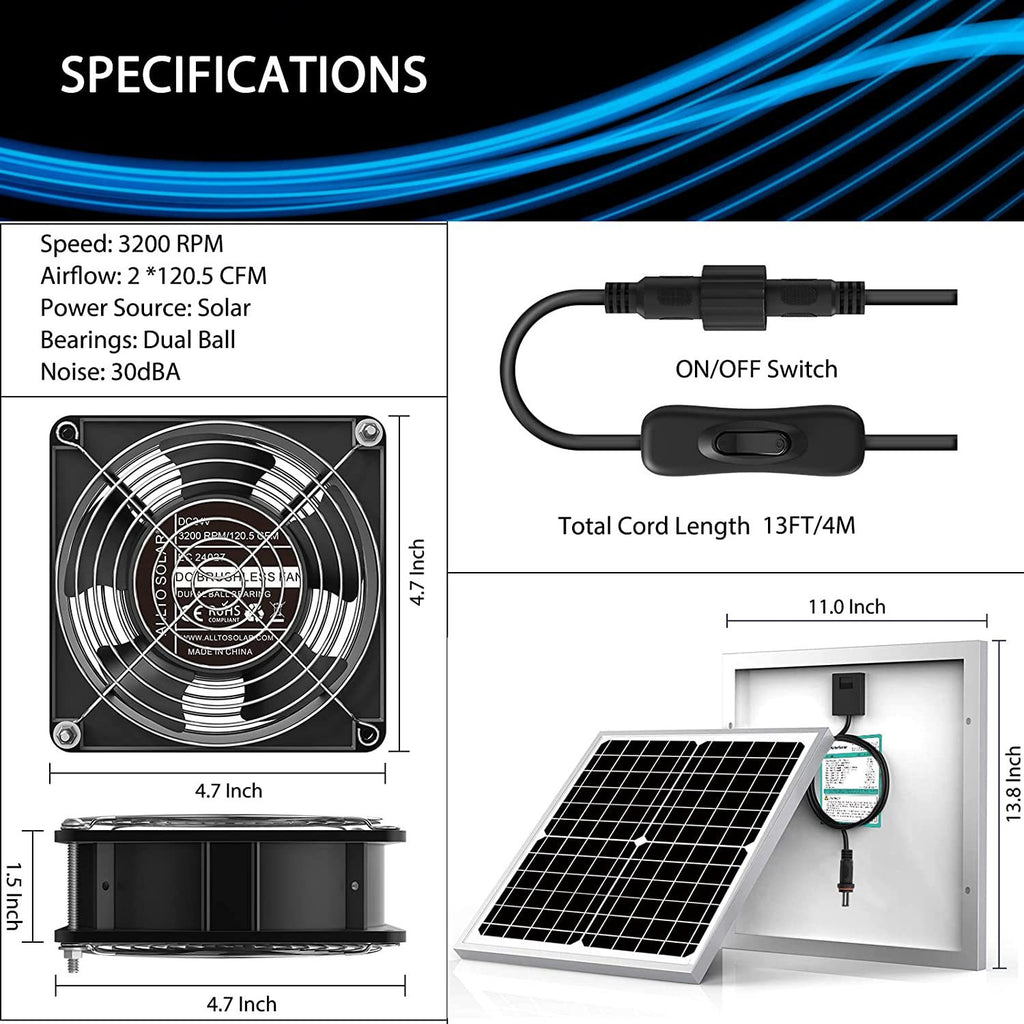 Solar Waterproof Solar Fan Kit20W Solar Panel+Fan,Suitable for chicken coops and sheds