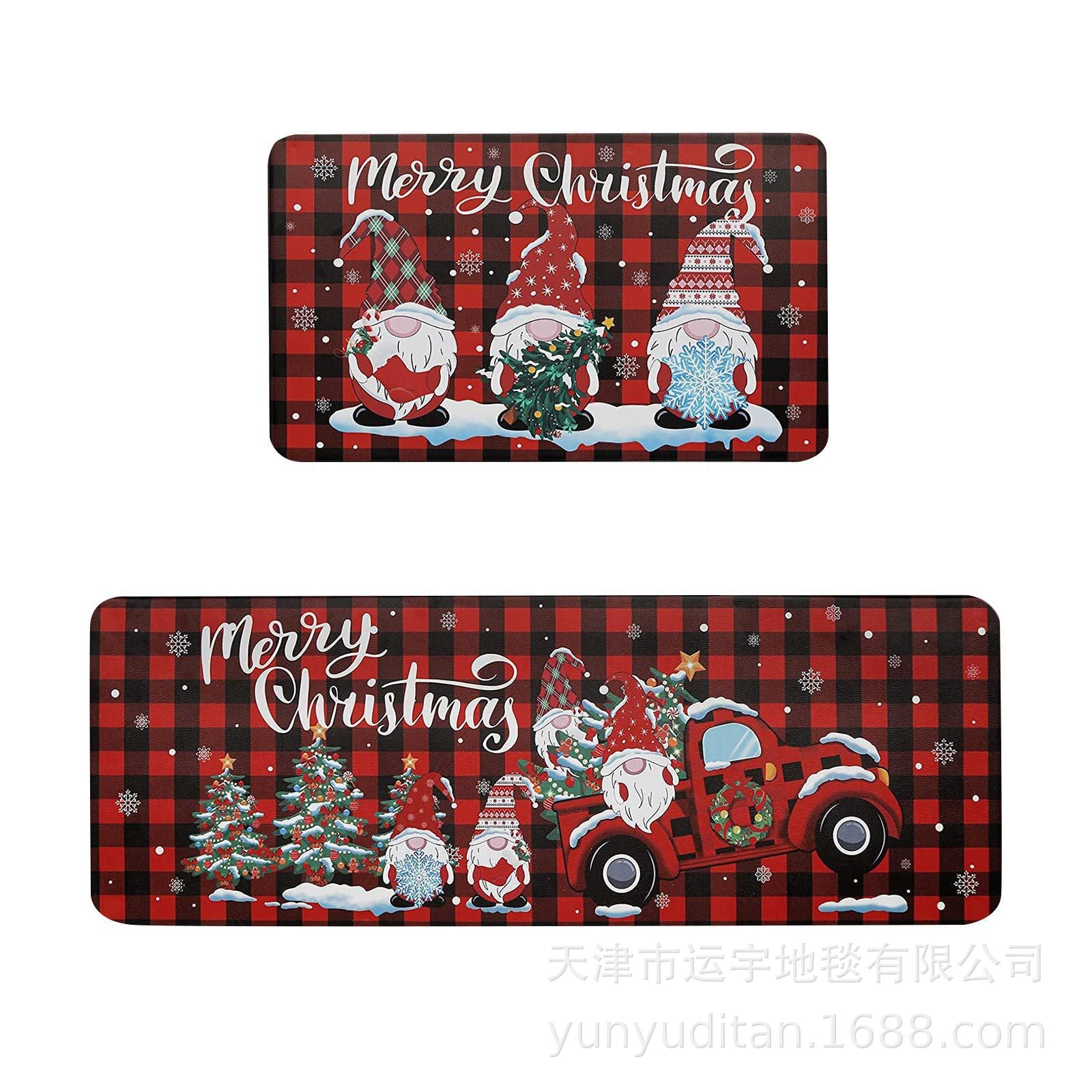 Christmas Kitchen Floor Mat Two-Piece Set Crystal Velvet Water-Absorbent Oil-Absorbent Non-Slip Foot Mat Holiday Decorative Floor Mat