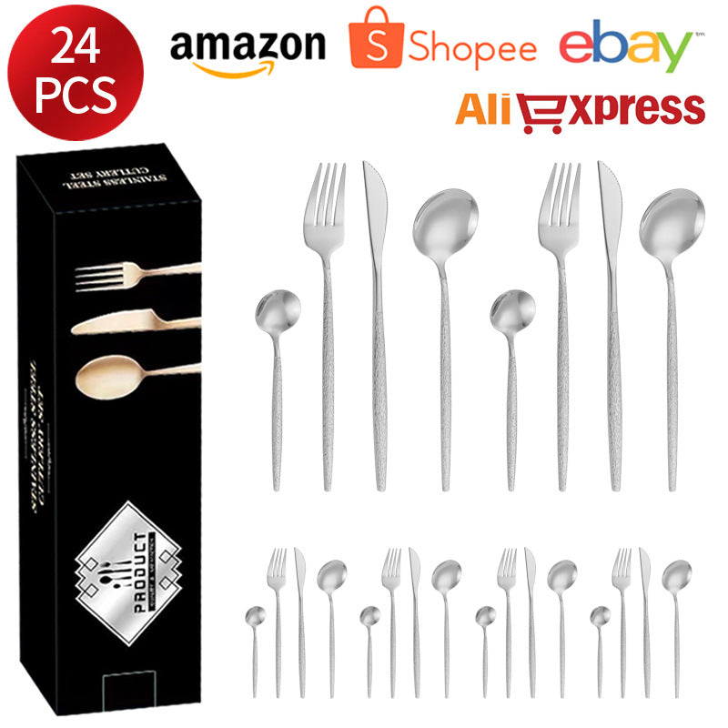 Stainless Steel Cutlery Western Knife Fork Spoon Restaurant Steak Knife Fork Hammer Pattern Portugal24Set