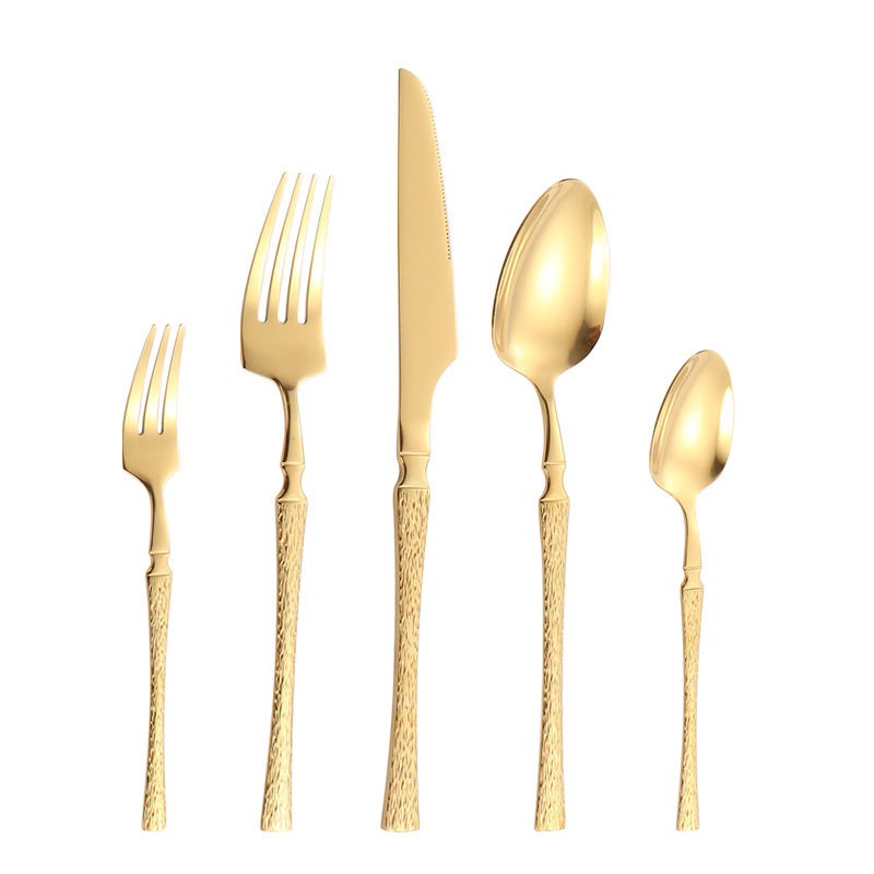 410Stainless Steel Cutlery Hotel Restaurant Hammered Knife Fork Spoon Set Western Small Waist Bark Pattern Steak Knife Fork