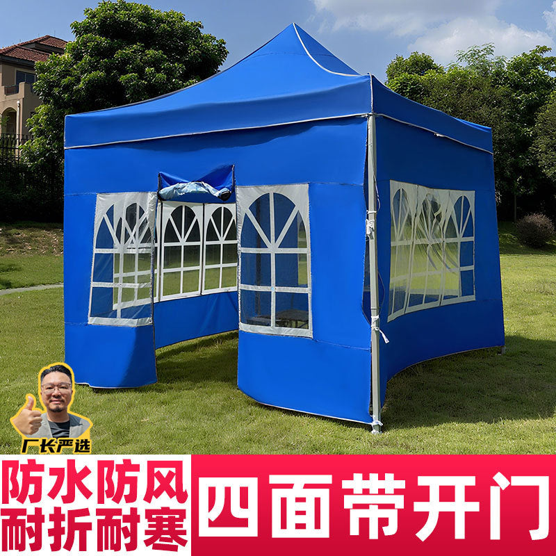 Night Market Stall Tent with Enclosure Transparent Four-Sided Windproof Rainproof Foldable Enclosure Four-Leg Umbrella Canopy Sunshade