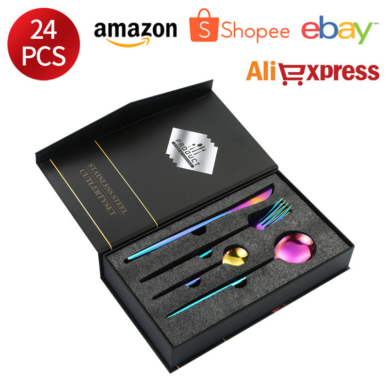 Stainless Steel Cutlery Set Portugal24Set of gold Western Food Gift Box6Steak Knife, Fork, and Spoon for One Person