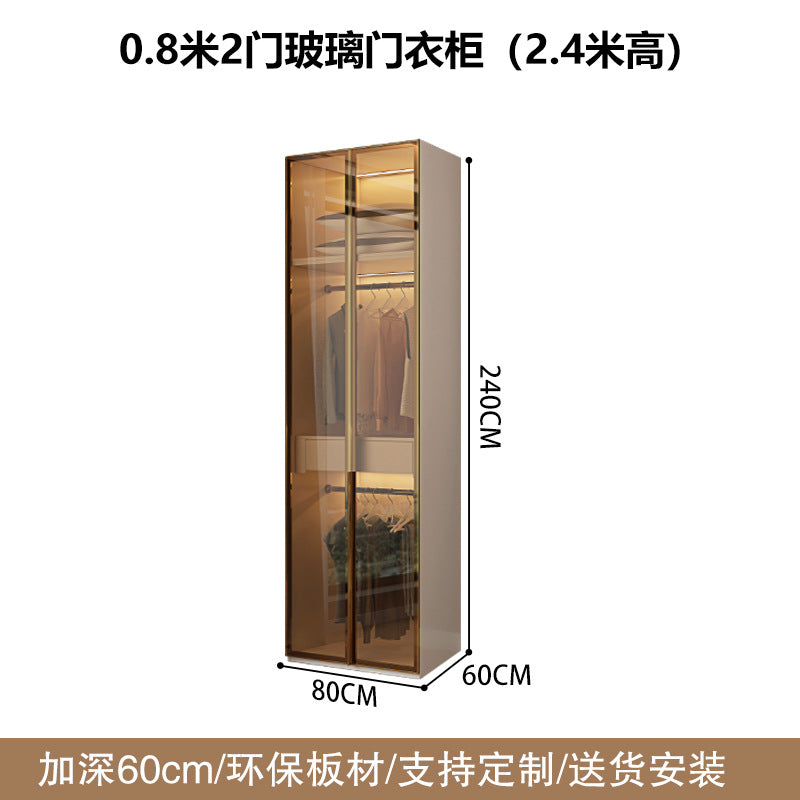Glass Door Wardrobe with Lights, Solid Wood, Home Bedroom, Modern Simple European Pine Board, Cream Color, Skin Feel Storage, Large Wardrobe