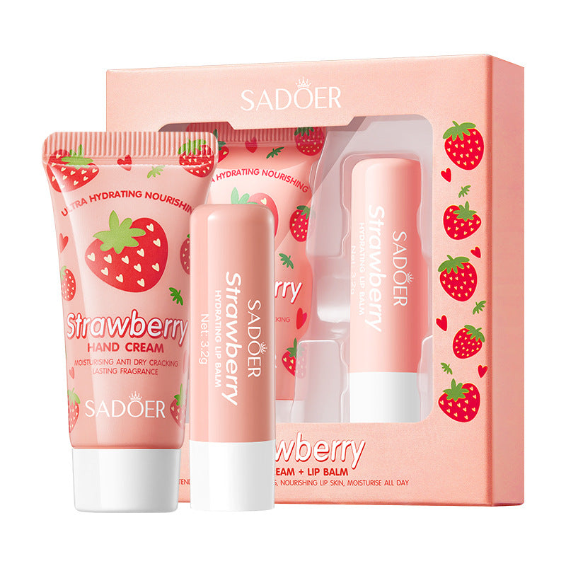 Full English Strawberry Hand Cream Lip Balm Set SADOER Nourishing Autumn and Winter Hand Cream Lip Balm  Wholesale