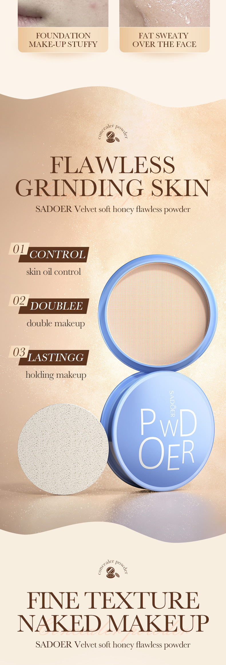 Full English Makeup SADOER Velvet Flawless Powder Brightening Skin Tone Lightweight Contour Concealer Cushion  Wholesale
