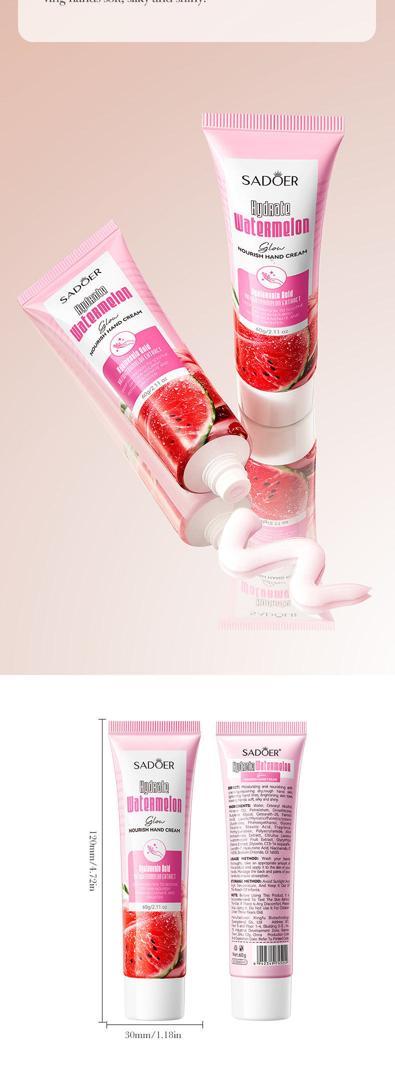 Niacinamide Watermelon Hand Cream SADOER Hydrating and Nourishing Autumn and Winter Hand Cream Cross-Border Foreign Trade Wholesale