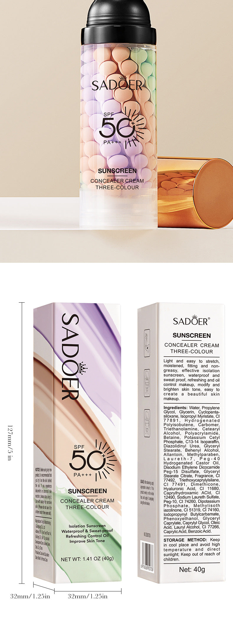Full English Makeup SADOER Three-color Rainbow Primer Brightening Skin Tone Sunscreen Makeup Base  Wholesale