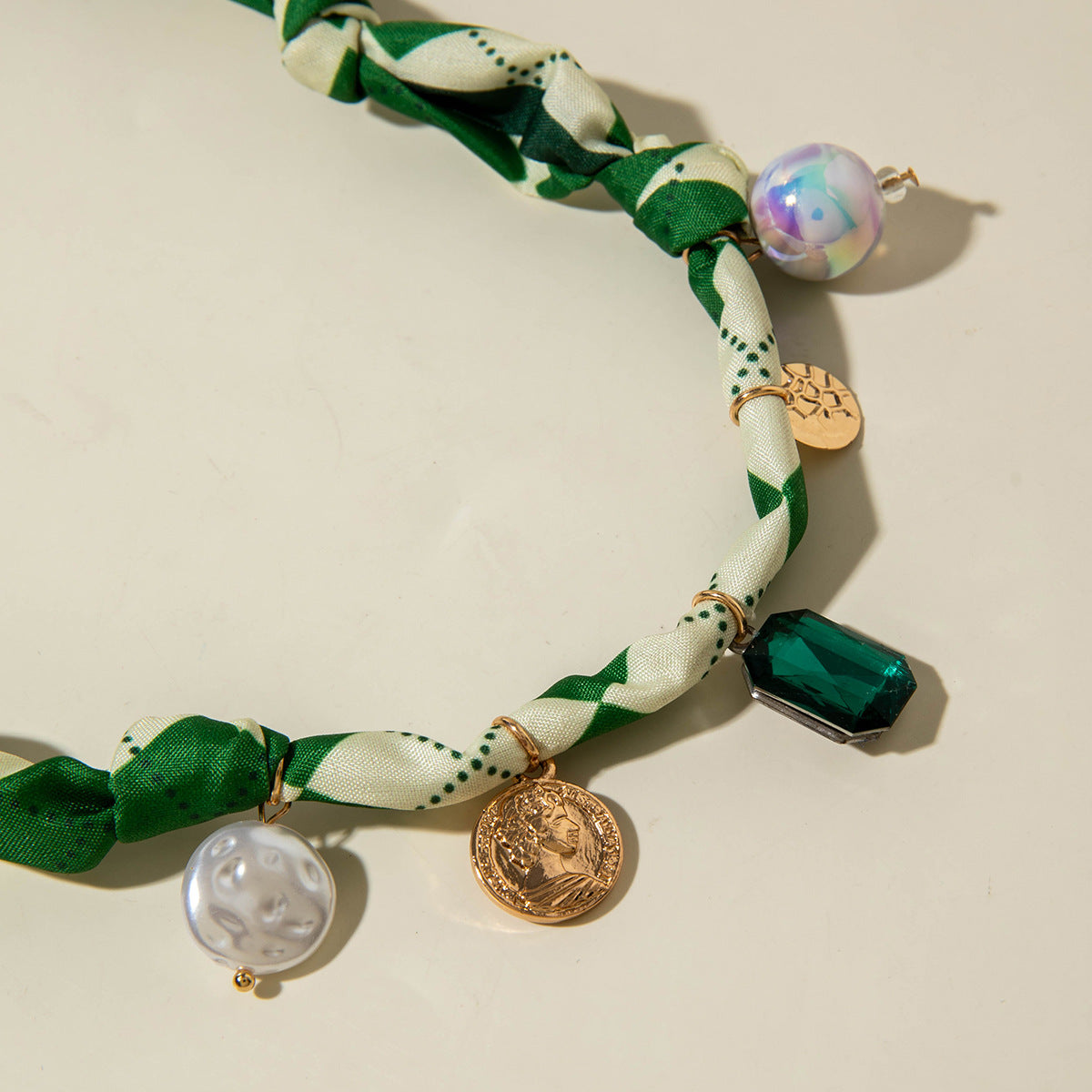 European and American Style Long Silk Scarf Necklace, Light Luxury High-End Feel, Multiple Pendants, Pearl Colorful Silk Scarf Necklace