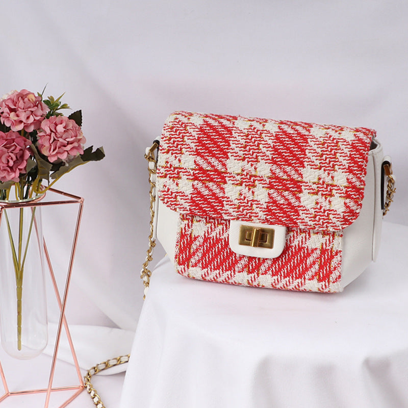 Chanel Style Small Gold Ball Chain Bag Plaid Single Shoulder Crossbody Small Square Vintage Style Women's Bag Plaid Small Square Bag