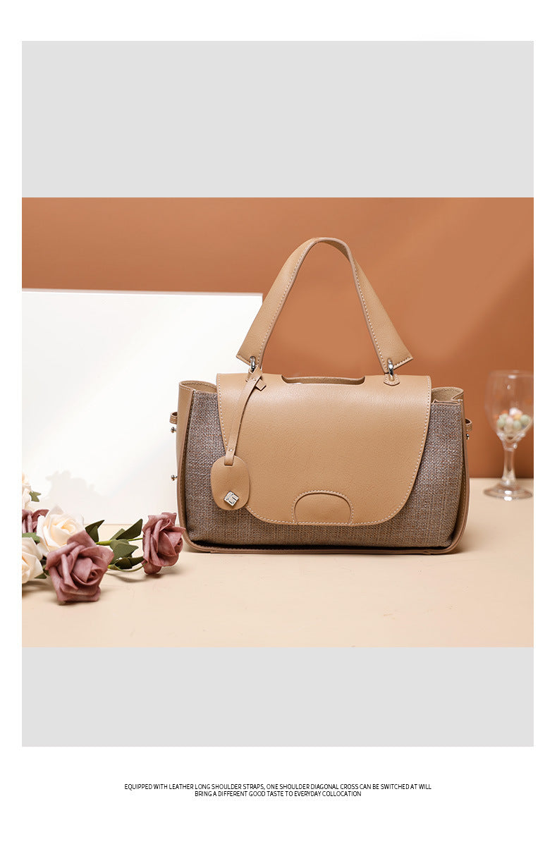 French-style Light Luxury New Niche Design Cowhide Stitching Handbag2024Crossbody Retro Small Square Bag