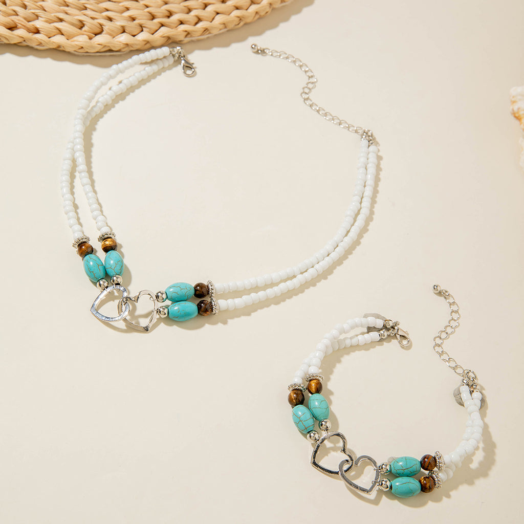 Wholesale Bohemian Vacation Style Rice Bead Turquoise Jewelry Set Metal Heart Jewelry