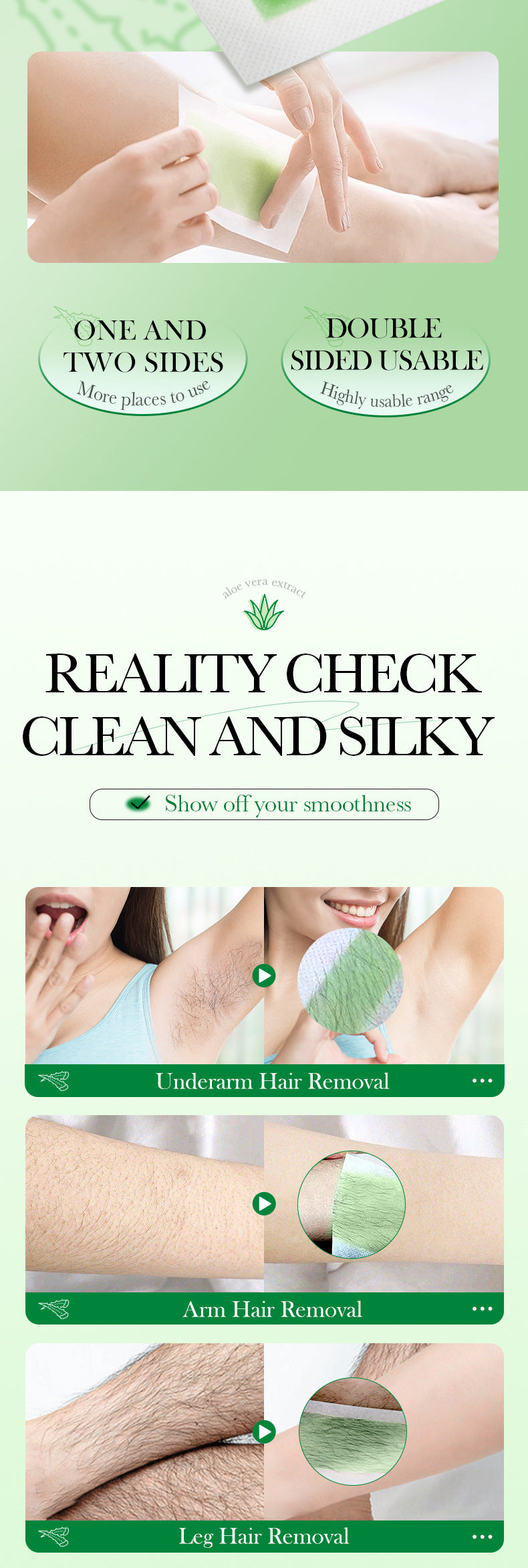 Full English Aloe Vera Double-Sided Hair Removal Wax Paper SADOER Armpit Hair Leg Hair Body Hair Removal Hair Removal Cream  Wholesale