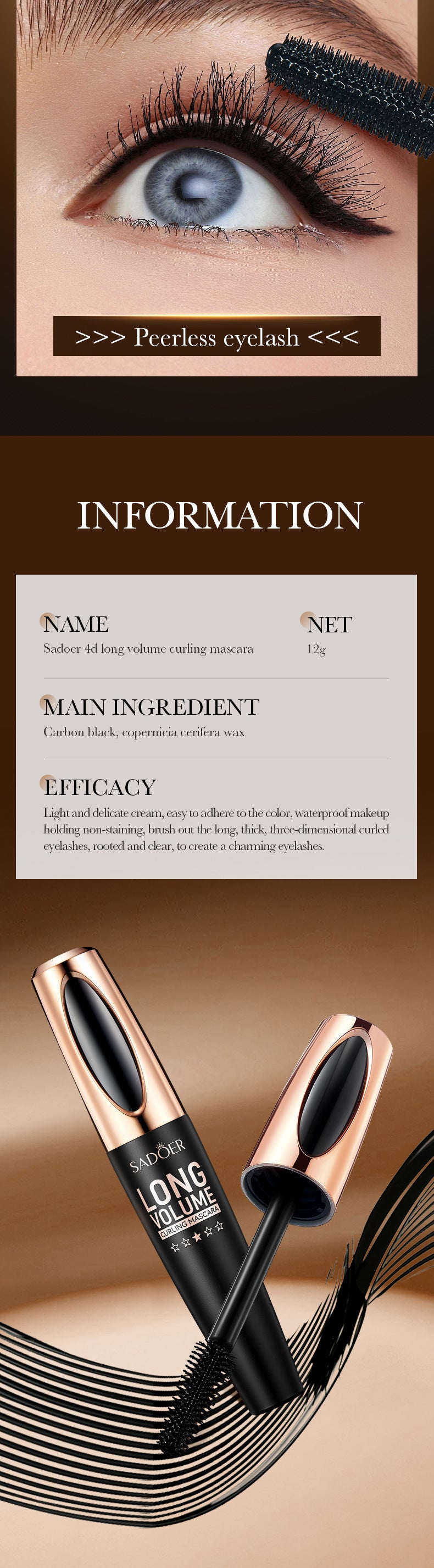 Makeup12g SADOER4D Curling Eyelashes Thick and Long Styling Mascara Cross-Border Foreign Trade Wholesale