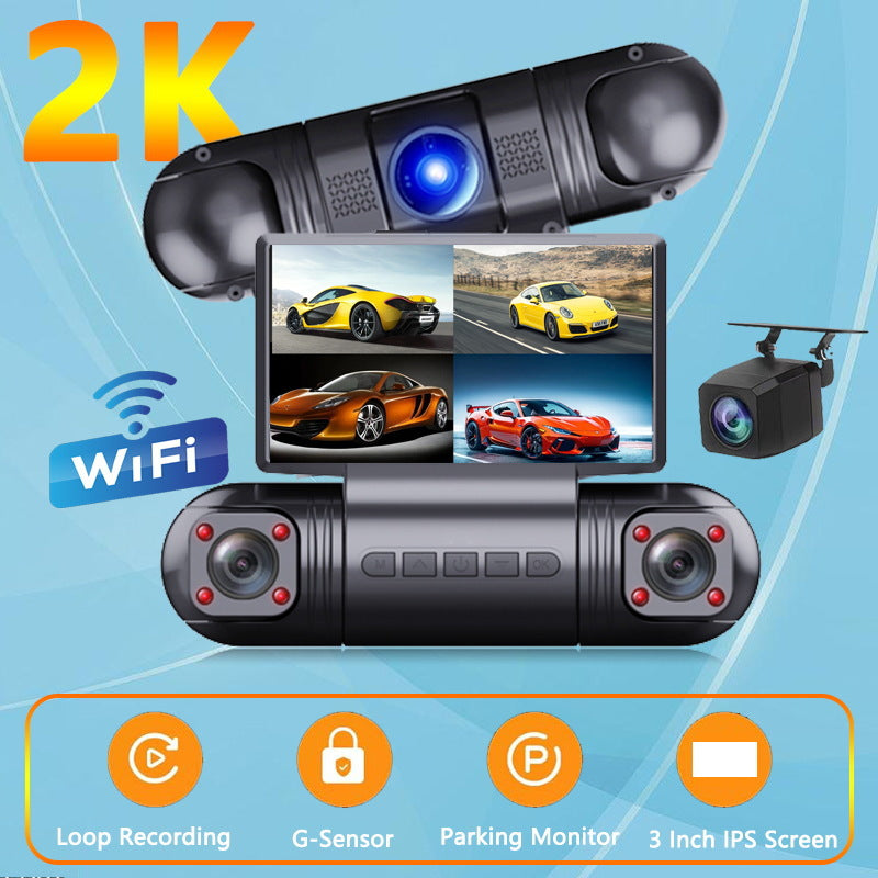4Lens360Degree2k Ultra-high-definition infrared car night vision dashcam with reversing camera wifi Interconnection