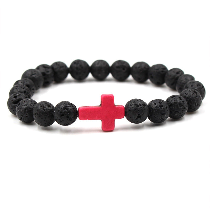 Easter Cross Bracelet Men's Personalized Gift Turquoise Bracelet8mm Beaded Volcanic Stone Cross Bracelet