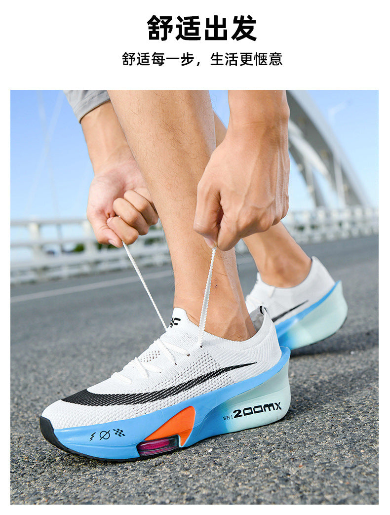 Autumn New High Elastic Double Mesh Breathable Student Training Racing Running Shoes Air Cushion Shock Absorption Full Palm Carbon Plate Sports Shoes