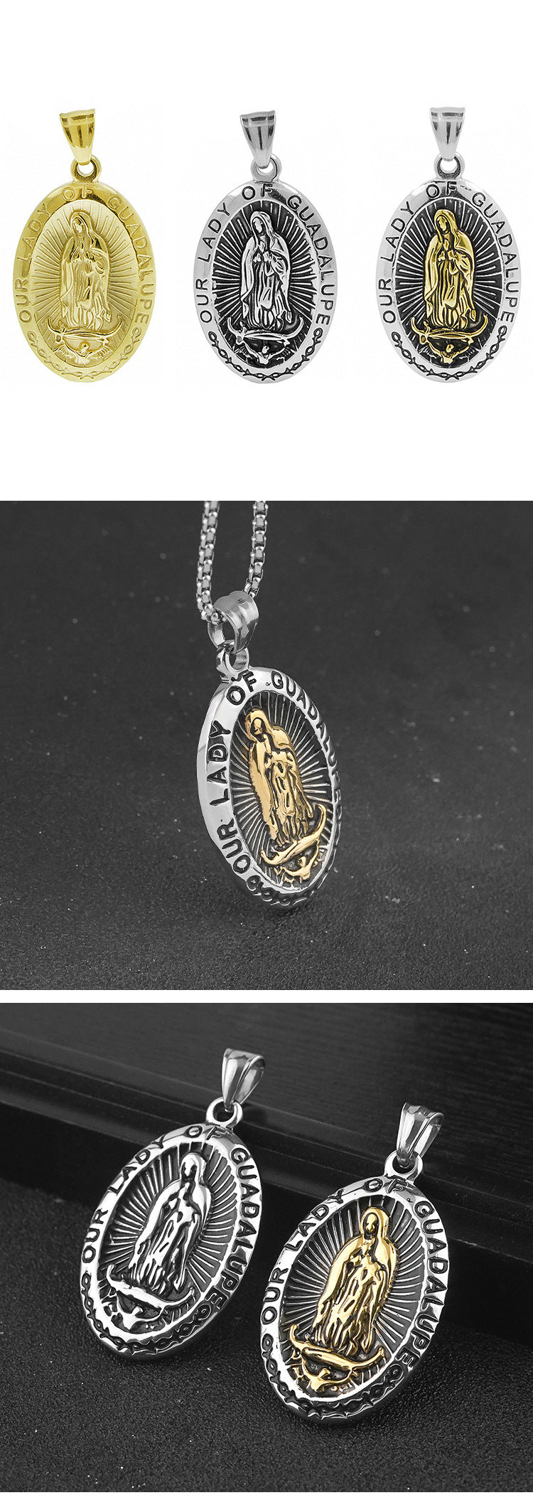 European and American Retro Titanium Steel Virgin Mary Relief Portrait Oval Guadalupe Pendant Collarbone Chain Stainless Steel Necklace