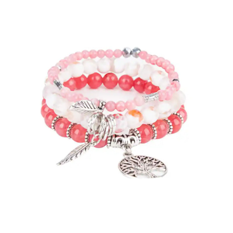 Three-layer Protection Shoushan Stone Bracelet Set Bohemian Leaf Tree of Life Pendant Indian Agate Women's Bracelet