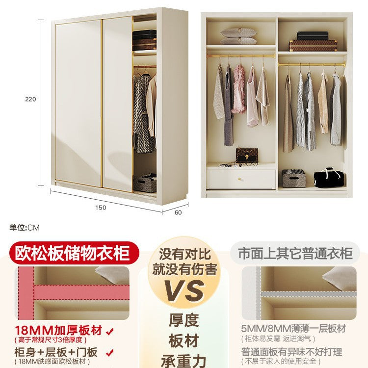 E0European Pine Board Warm White Sliding Door Wardrobe Desk Integrated Set Cream Style Bedroom Home Solid Wood Large Wardrobe