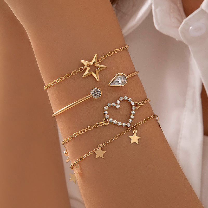 European and American Light Luxury Accessories Heart-shaped Leaf Inlaid Diamond Four-layer Bracelet Butterfly Knot Open Bracelet Set for Women
