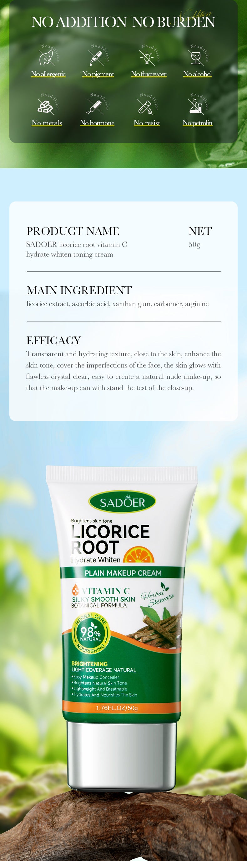 Makeup SADOER Licorice VC No Makeup Cream Whitening and Brightening Concealer Cream Cross-Border Wholesale