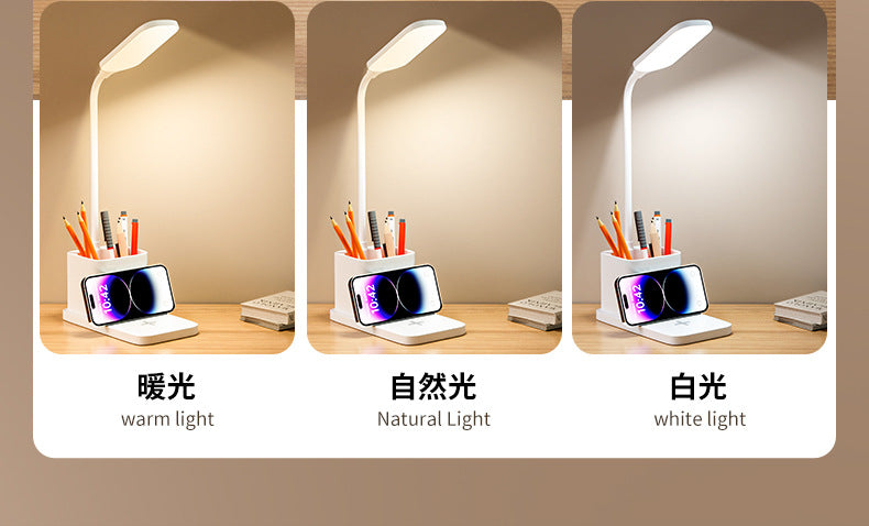 Desk Lamp for Study, Wireless Charging, Eye Protection Bedside Lamp, Reading Desk Lamp, Children's Homework Lamp, Charging Pen Holder Lamp