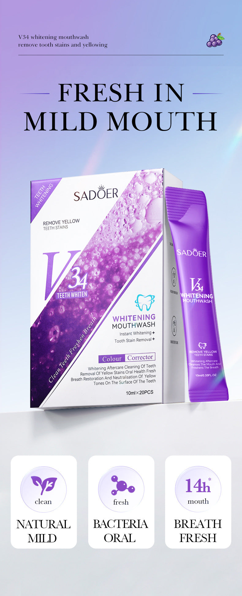 V34Whitening Mouthwash SADOER Clean Teeth Oral Fresh Mouthwash Cross-Border Wholesale
