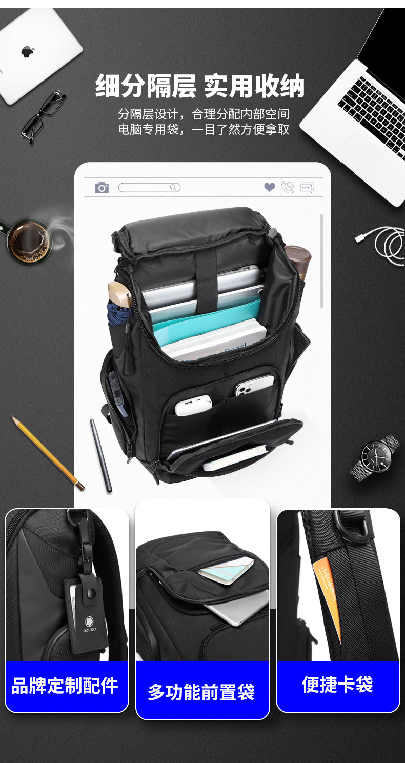 OZUKO Business Backpack Men's Commuting Large Capacity Computer Bag Travel Backpack High-end Waterproof School Bag