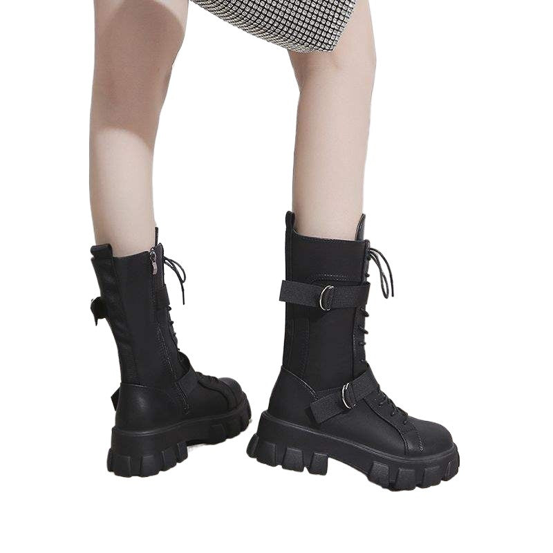 Elevator shoes COS Universal Martin Boots for Women British Style2025New Thick-Soled Motorcycle Rider Mid-Calf Boots Large Size