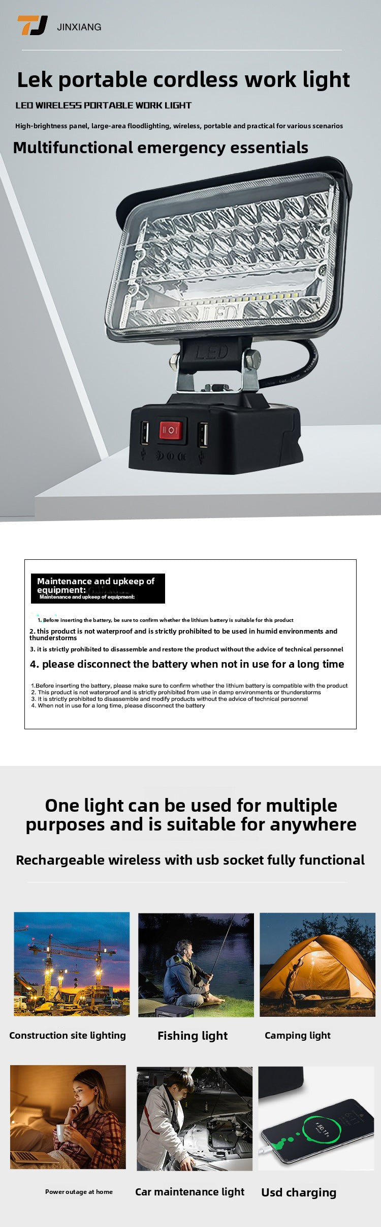 MT Dayi Universal Lithium Battery LED High Brightness Lighting Work Light for Renovation, Construction, Outdoor Camping, and Exploration