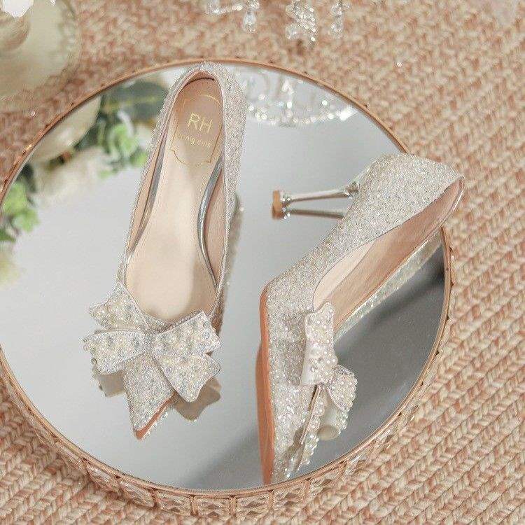 silver Wedding Shoes2025New White Wedding Shoes with Crystal Bow Fairy Style Bridesmaid Stiletto High Heels Trendy