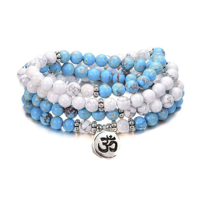 Men's Emperor Stone Bracelet108Series Elastic Cord Natural Stone Beads Lotus Buddha Pendant White Turquoise Long Bracelet