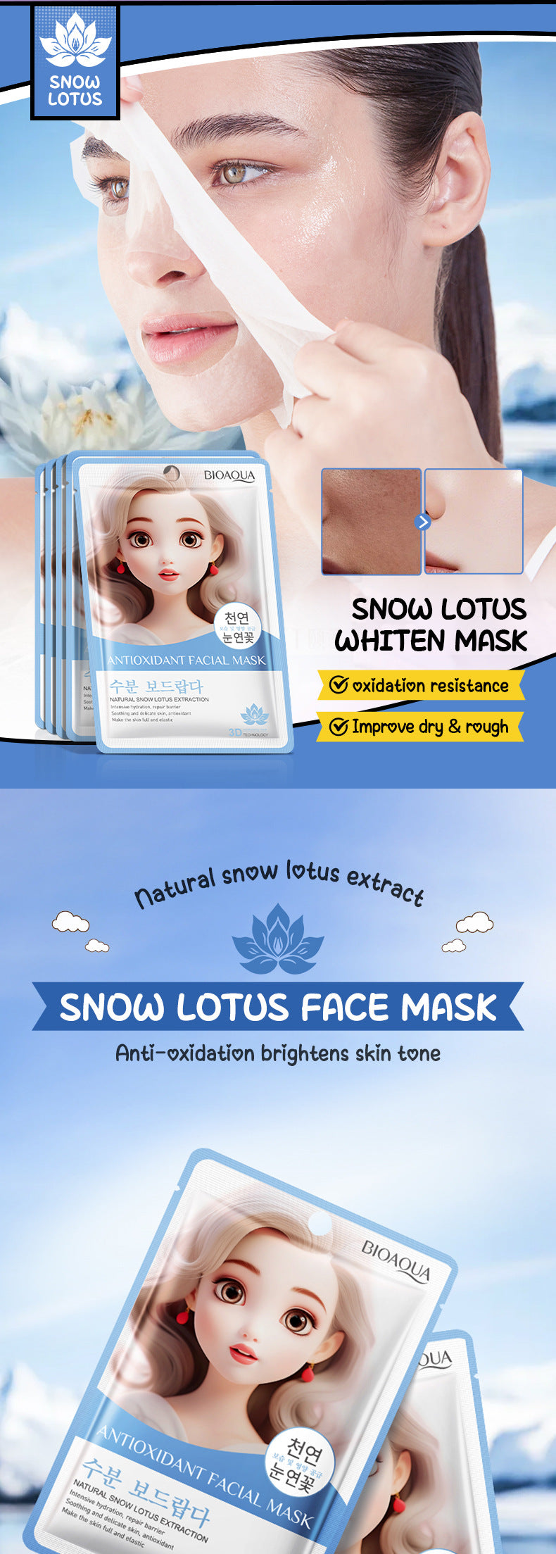 Snow Lotus Whitening Mask BIOAOUA Skin rejuvenation, hydration, oil control, moisturizing face mask cross-border wholesale