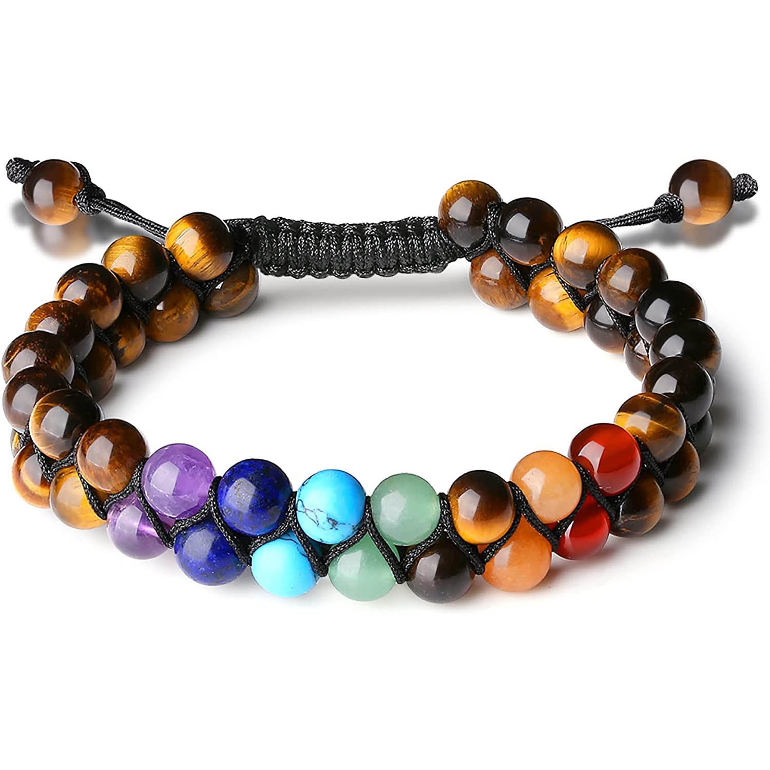 Hot Sale6mm Natural White Turquoise Colorful Double Layer Bracelet Braided Rope Adjustable Tiger Eye Stone Double Row Bracelet