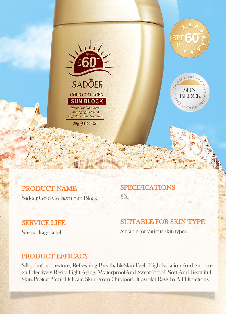 SPF60+Sunscreen30g SADOER Gold Collagen Protective Isolation Cross-Border Wholesale
