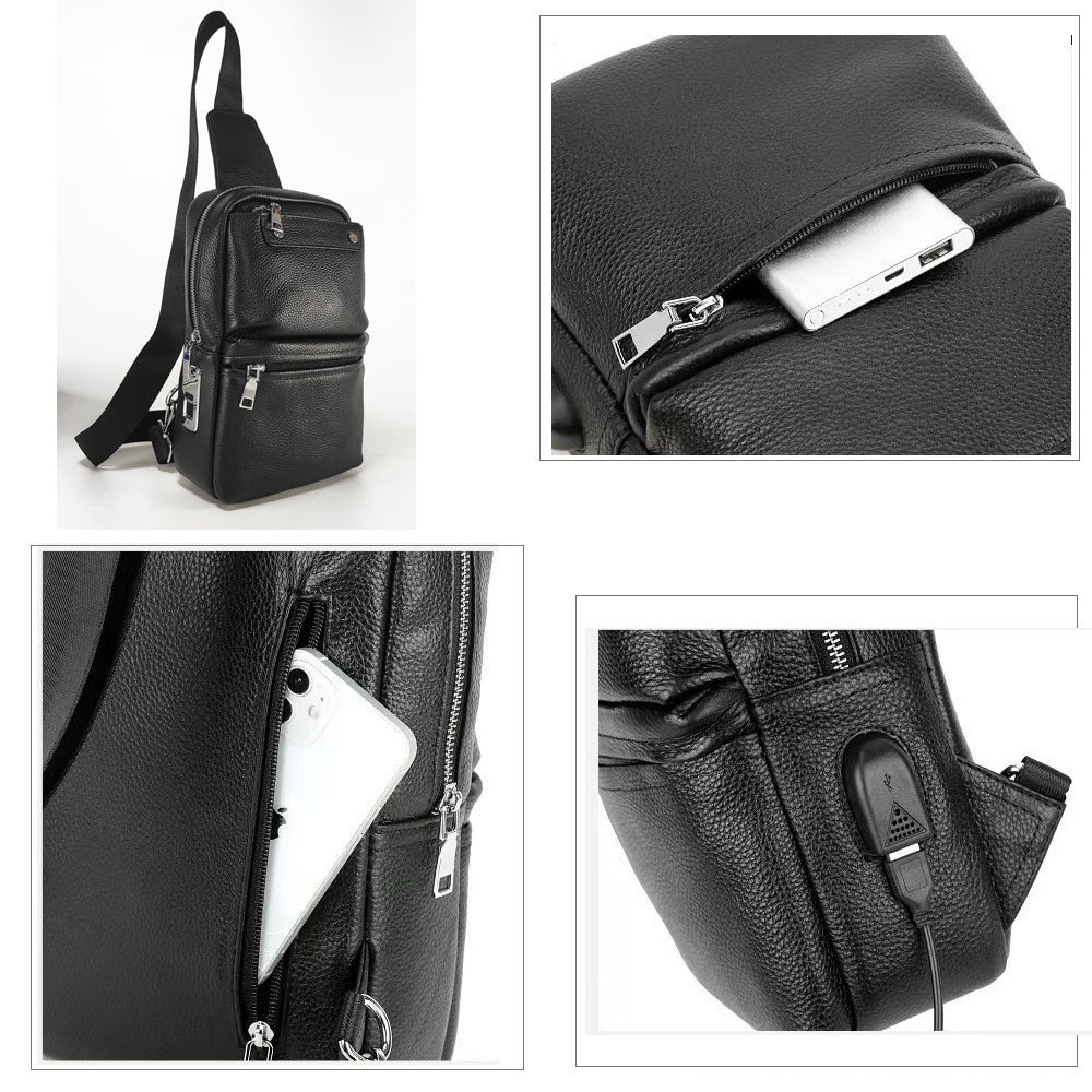 Fingerprint Unlock Men's Bag Genuine Leather Single Shoulder Crossbody Bag Top Layer Cowhide Casual Large Capacity High-end Chest Bag Anti-theft Bag