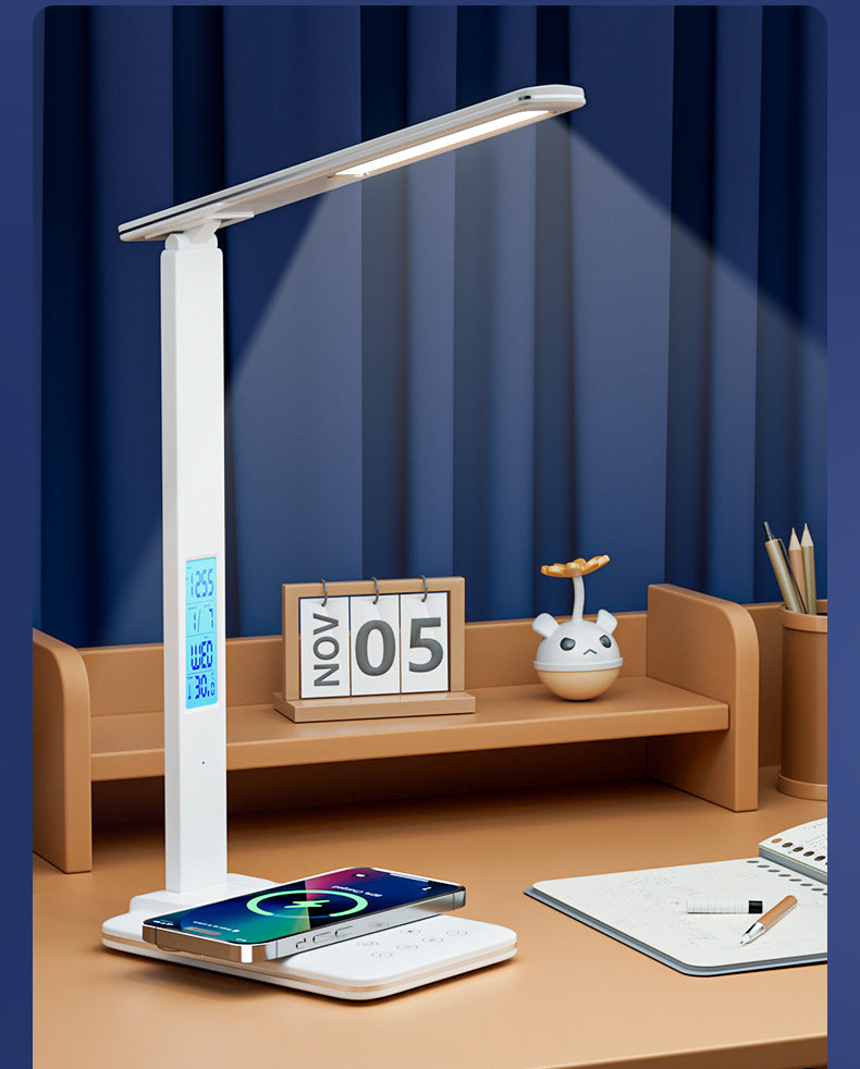 Folding desk lamp for study, multifunctional LED Eye Protection Lamp Desktop Smart15W Wireless Charging Reading Light Alarm Clock